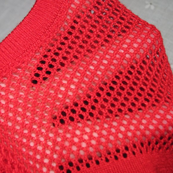 French Connection Red White Cold Shoulder Mesh Knit Sweater Ruffles Size L Large - Picture 5 of 7